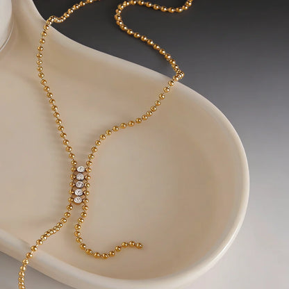 Y Shape Lariat Necklace Mini Bead Ball Chain Sparkling Zircon Tassel Drop Clavicle Chain Stainless Steel Waterproof Minimalis