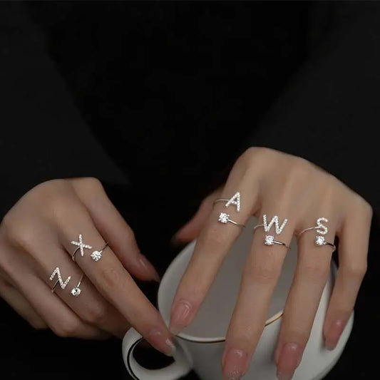 Zircon Initial A-Z Letter Ring For Women Metal Adjustable Opening Ring Name Alphabet Female Wedding Gift Anillos Mujer