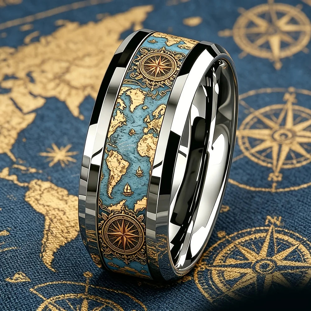 Vintage World Map Compass Ring Retro Ocean Theme Men Stainless Steel Ring High Polished Nautical Traveler Jewelry Gift for Hi
