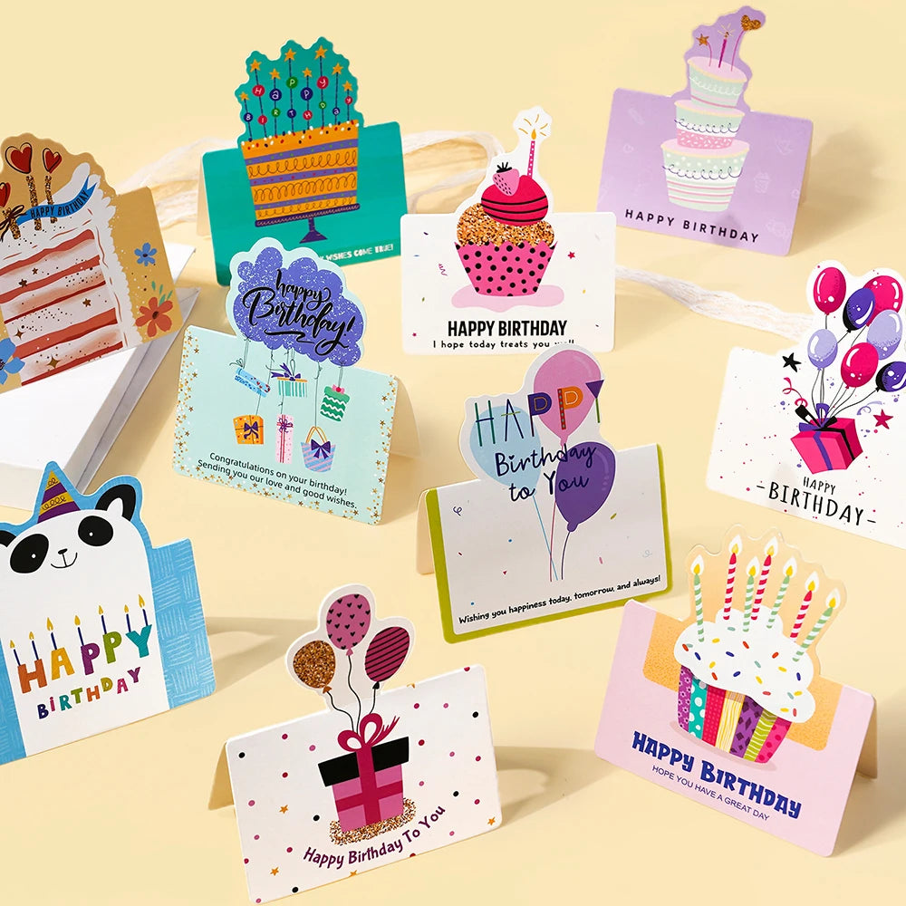 10 birthday cards, 3D small size cartoon, simple folding, handwritten blessing message, birthday card