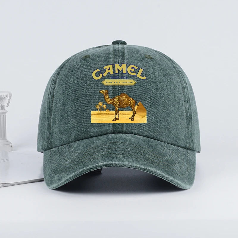 Vintage “Camel” Desert Scene Print Washed Baseball Cap - Adjustable Unisex Vintage Cap for Outdoor Hiking and Mountaineering 