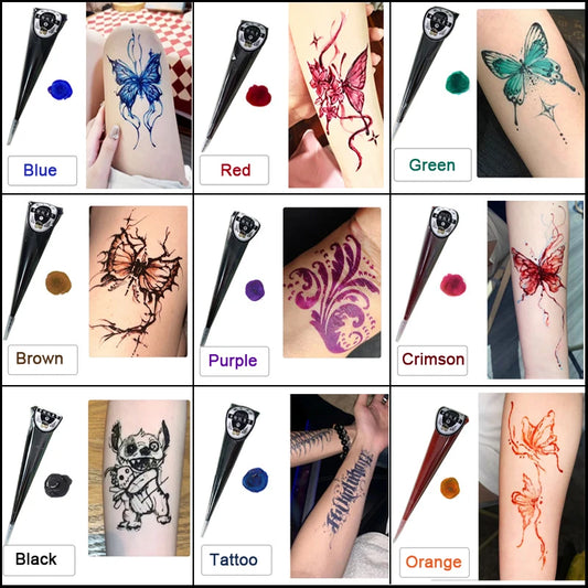 Henna Temporary Tattoo Non-Toxic Cone Body Paint Brown Tattoo Paste Waterproof Body Art Cream For Skin Decoration Festival Bo
