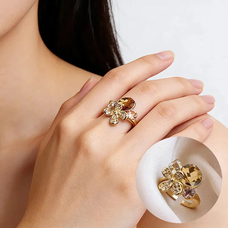 European and American Retro Metal Geometric Rhinestone Contrasting Open Rings For Women‘s Trendy Jewelry Finger Accessorioes 