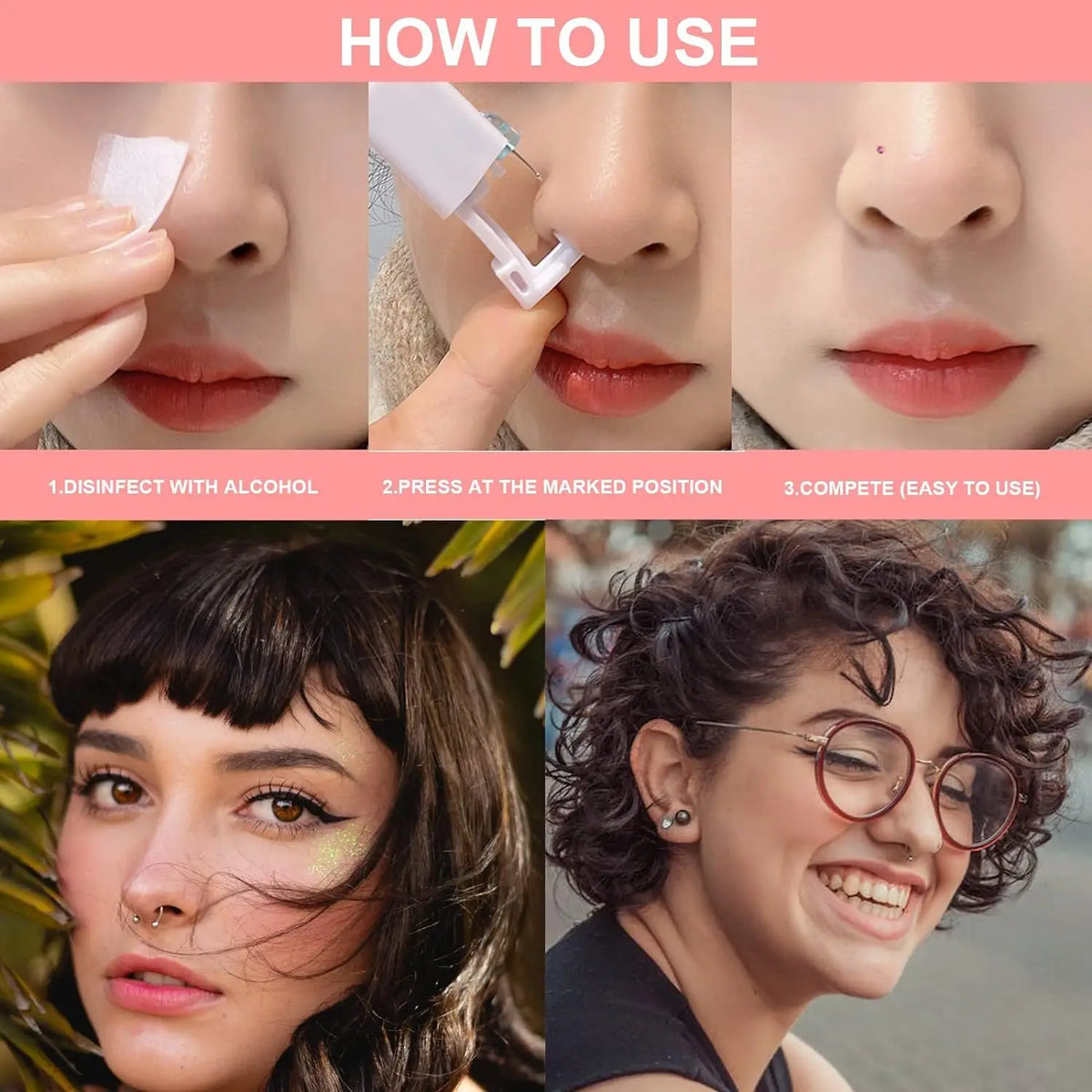 4PCS Self Hypoallergenic Nose Piercing Kit-Disposable Nose Piercing Gun with Built-in Nose Studs