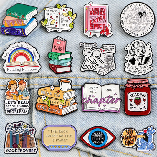 Book Lover Enamel Pin Cute Reading Themed Brooch "Just One More Chapter" Lapel Pins for Backpacks Bookworm Gift