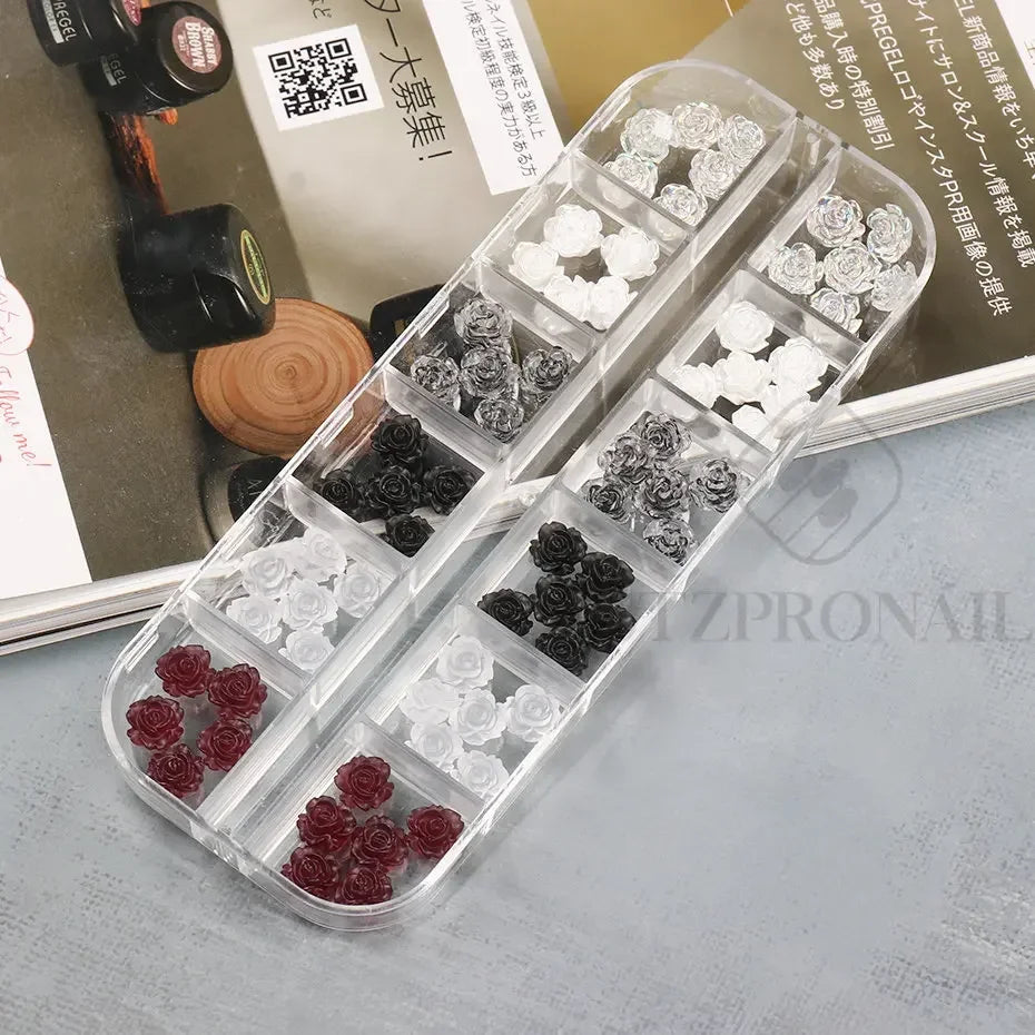 12 Grids Matte Camellia 3D Nail Art Decoration Charms Acrylic Flowers Decor Rose Valentine Punk Y2K Accessories Jewelry Parts
