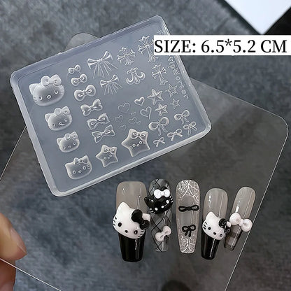 3D Silicone Nail Art Mold Cartoon Hello Kitty Rabbit Bear Relief Carving DIY Design Nails parts Charm Decorations Manicure To