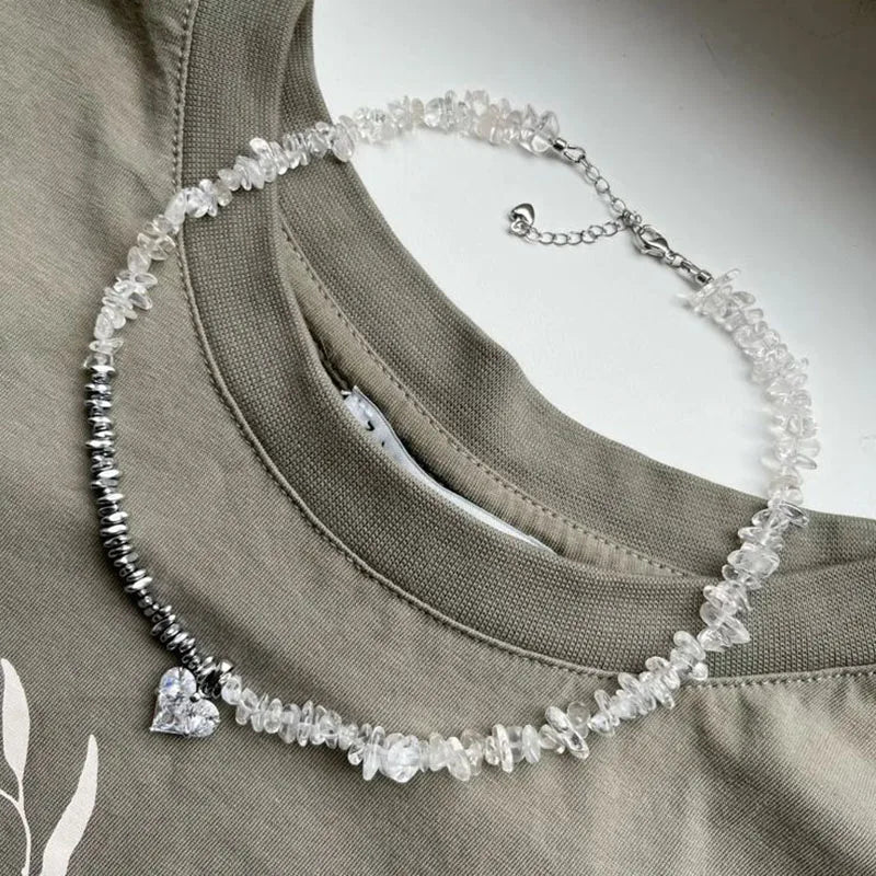New Irregular Choker Vintage Zircon Heart Pendant Necklace For Women Female Pink & white Stone Chain Valentine's Gift N0548 -