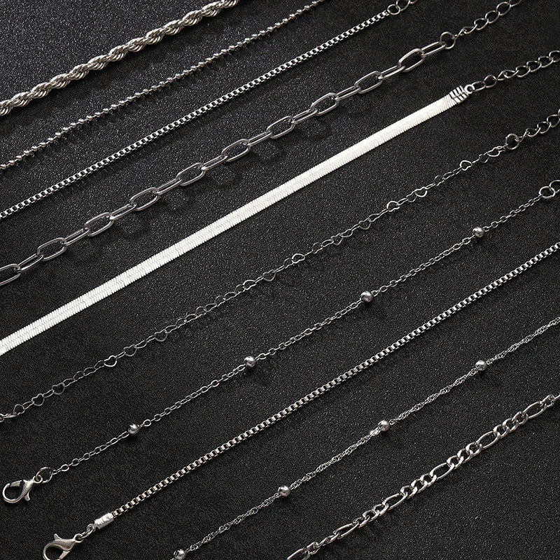 10 Pcs Vintage Statement Gold Color Flat Snake Chain Box Chain Bracelet Boho Multi-layer Metal Bracelet Women's Summer Jewelr