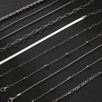 10 Pcs Vintage Statement Gold Color Flat Snake Chain Box Chain Bracelet Boho Multi-layer Metal Bracelet Women's Summer Jewelr
