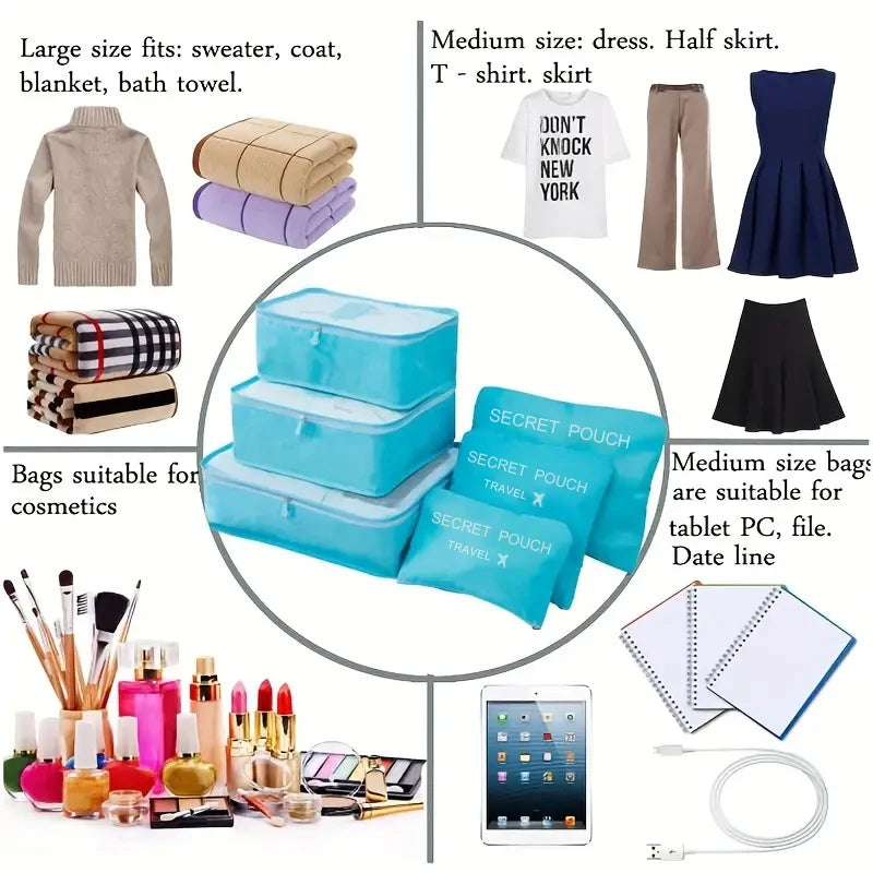 6 Pcs/Set Pink/Blue/Grey Travel Storage Bag Large Capacity Waterproof Luggage Clothing Underwear Storage with Zipper