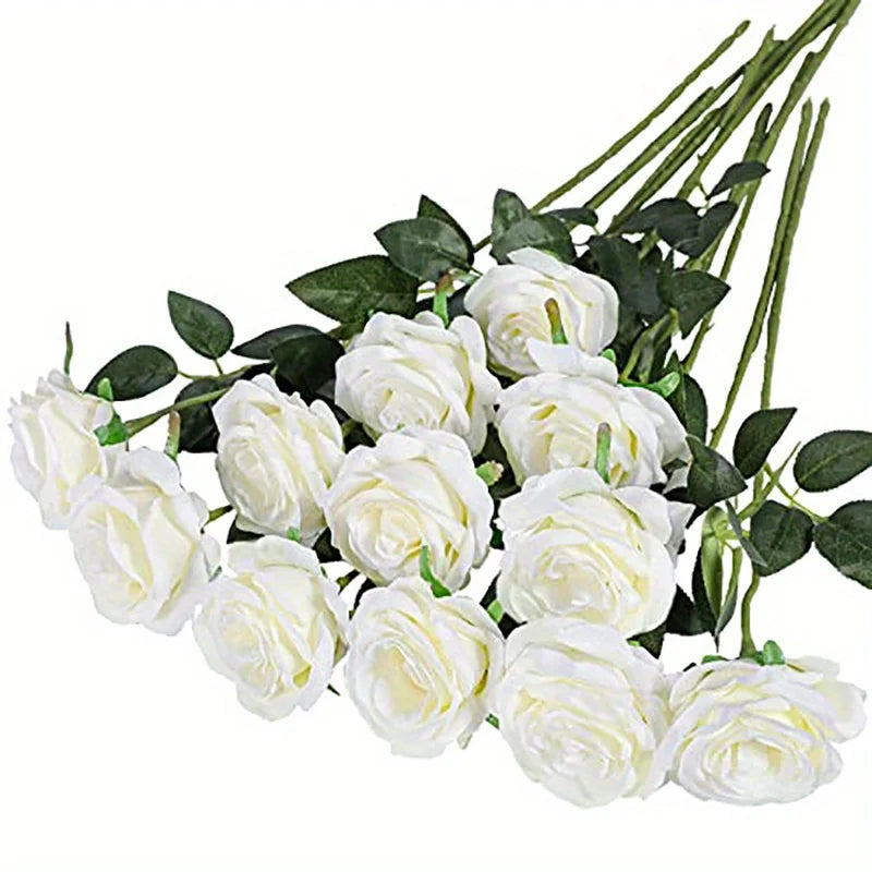 12pcs Realistic Artificial Rose Bouquet for Weddings, Birthdays, and More for Floral Arrangements and Home Decor - WHITE
