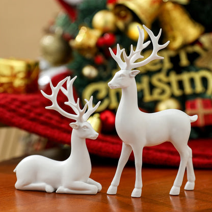2 Pcs Christmas Reindeer Decor Resin Standing Sitting Deer Figurine Reindeer Christmas Decoration for Home Indoor Xmas Holida