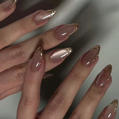 24pcs Long Almond Press on Nails False Nails with Golden Decoration Wearable Stick-on Nails Fake Nail Uñas Накладные Ногти 네일