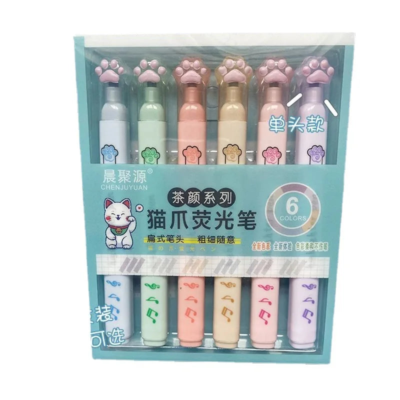 6Pcs/Set Kawaii Cat paw Fluorescent Highlighter Pens Markers Pastel Drawing Pen Student School Office Supplies Cute Stationer