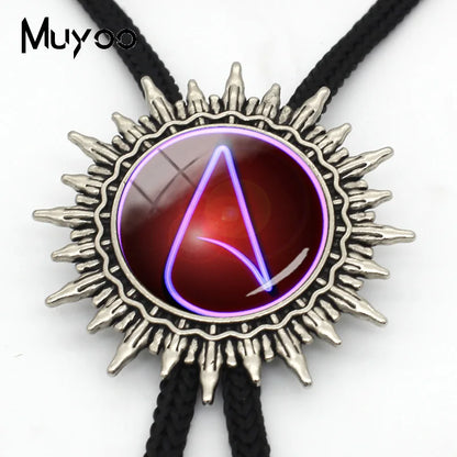 BOLO-0087 Fashion Hot Atheist Atheism Symbol Bolo Ties For Men Handmade Atheist Logo Round Glass Dome Slide Fashion Neck Tie 