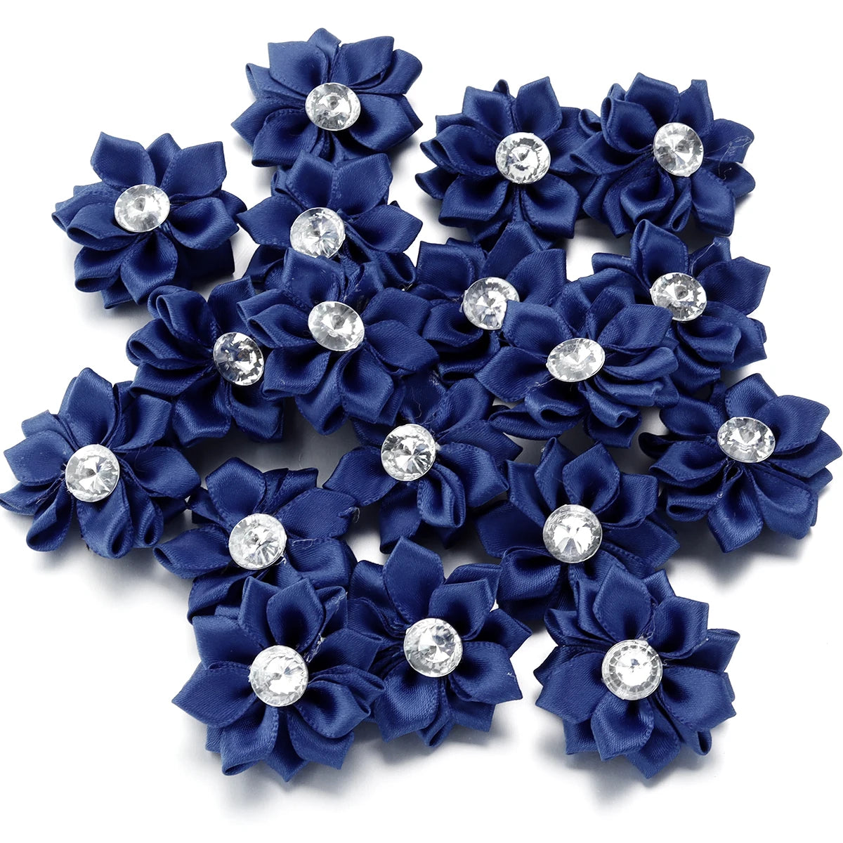 20pcs/lot 40mm Mini Inlaid Rhinestones Small Handmade DIY Satin Ribbon Flowers Head Decorate Clothing Supplies Accessories - 