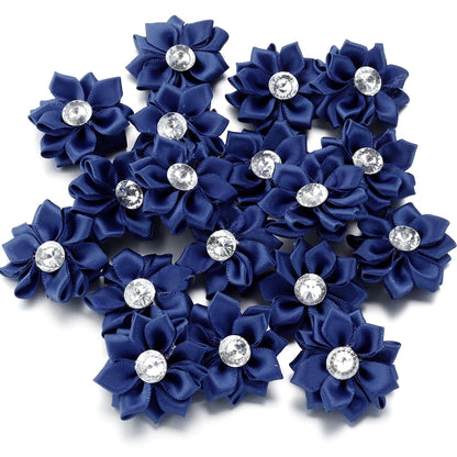 20pcs/lot 40mm Mini Inlaid Rhinestones Small Handmade DIY Satin Ribbon Flowers Head Decorate Clothing Supplies Accessories - 