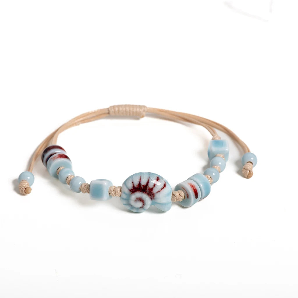 Handmade Ceramic Seashell Bracelet Adjustable Vintage Ocean Style Minimalist Jewelry Gift for Couples 154 - S00154H