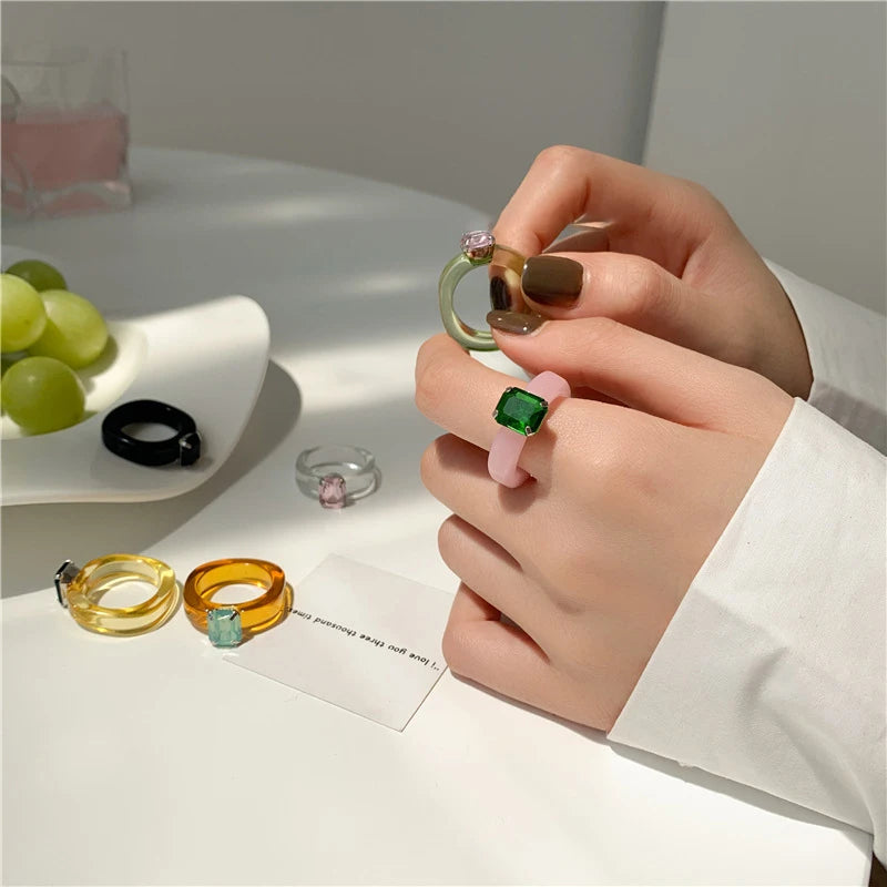 Fashion Luxury Irregular Geometric Transparent Colorful Crystal Rhinestone Zircon Round Ring For Women Shiny Jewelry Accessor
