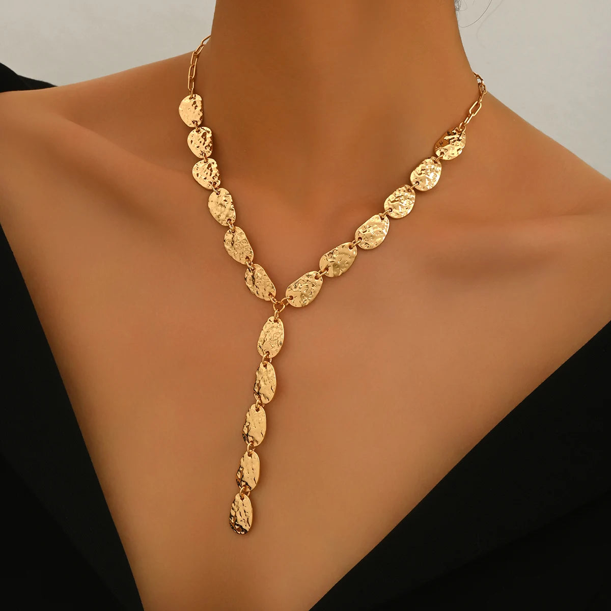 Vintage Y Shaped Lariat Necklace Gold Irregular Hammered Pendant Hypoallergenic Dainty Minimalist Daily Jewelry Gift for Wome