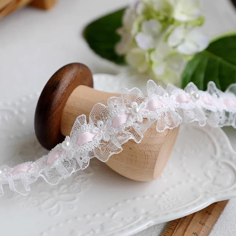 1 Yard Lolita lace Lvory Bead Ruffled Lace Fabric Edging Satin Ribbon DIY Clothing Curtains Furniture Decorations 3.5cm Wide 