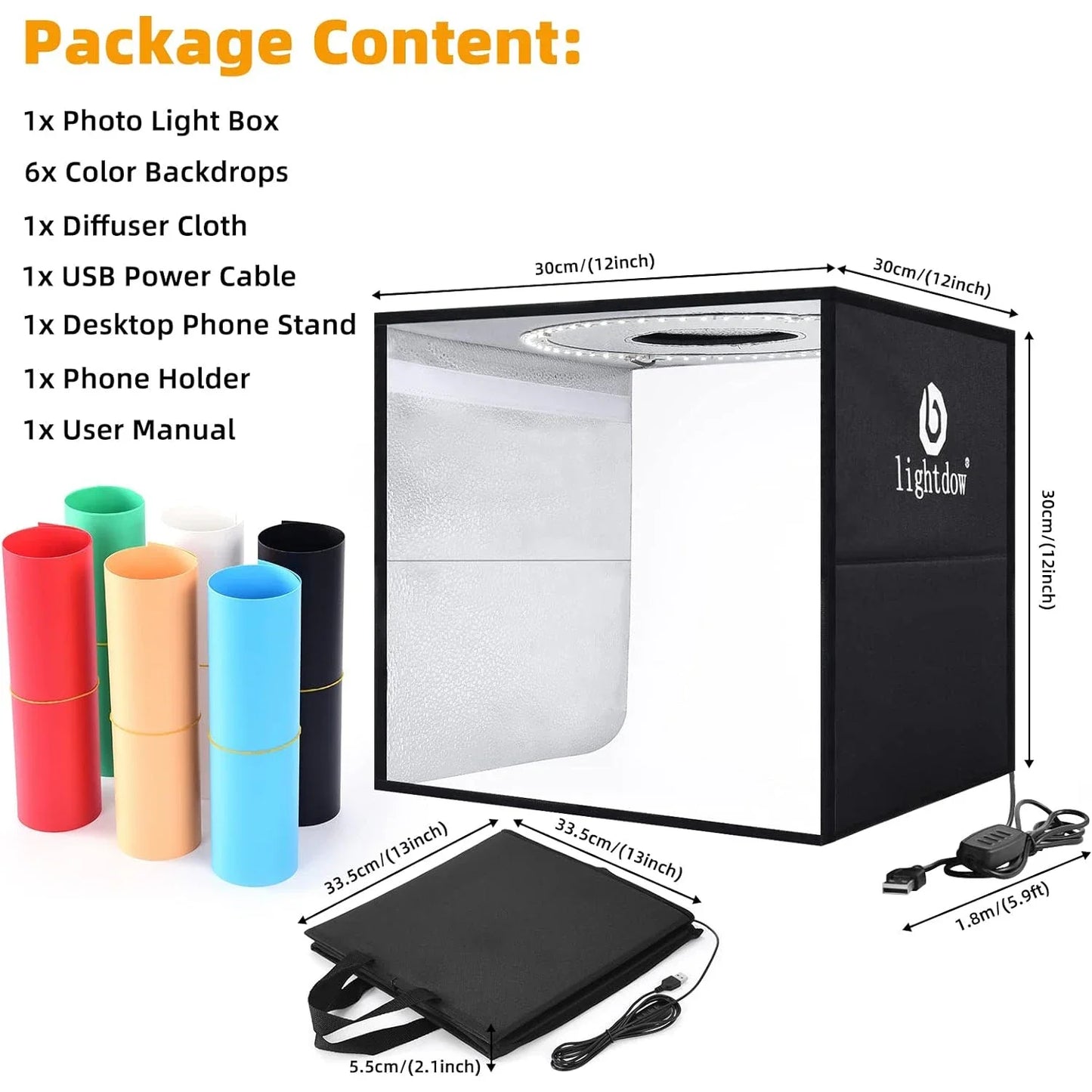 Lightdow Photo Studio Light Box Kit 12"x12"（30x30x30cm） with 120pcs LEDs 6 Backdrops for Photography Portable Dimmable Versat