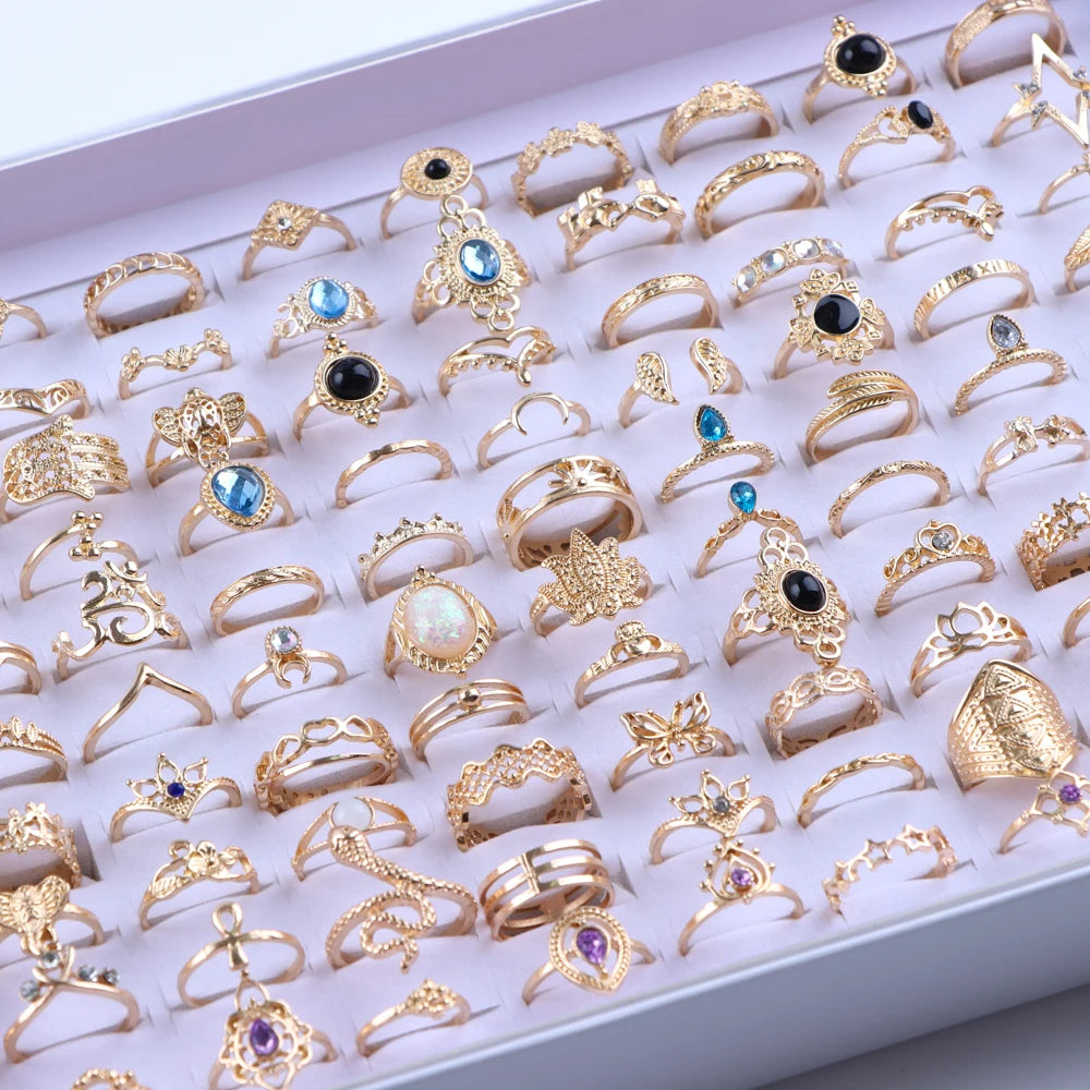 20Pcs/Lot Vintage Bohemia Geometry Flowers Leaf Rings For Charm Women Mix Style Color Fashion Jewelry Gift Accessories - gold