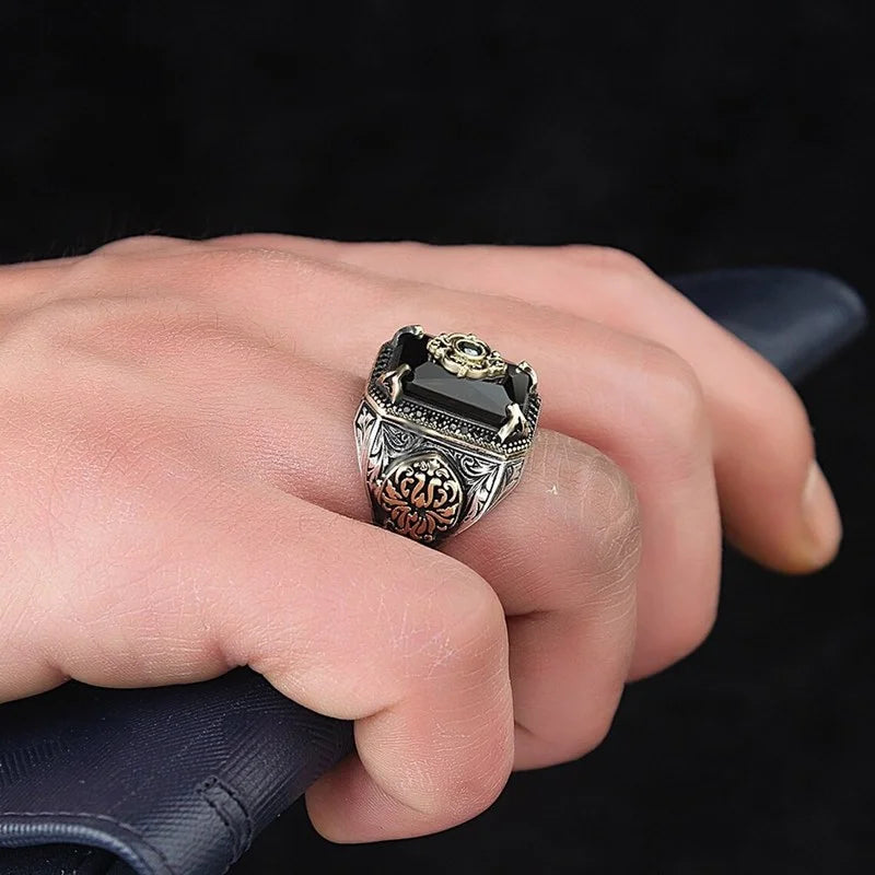 Retro Handmade Turkish Signet Ring for Men Vintage Silver Color Carving Pattern Inlay Green Zircon Party Punk Motor Biker Rin