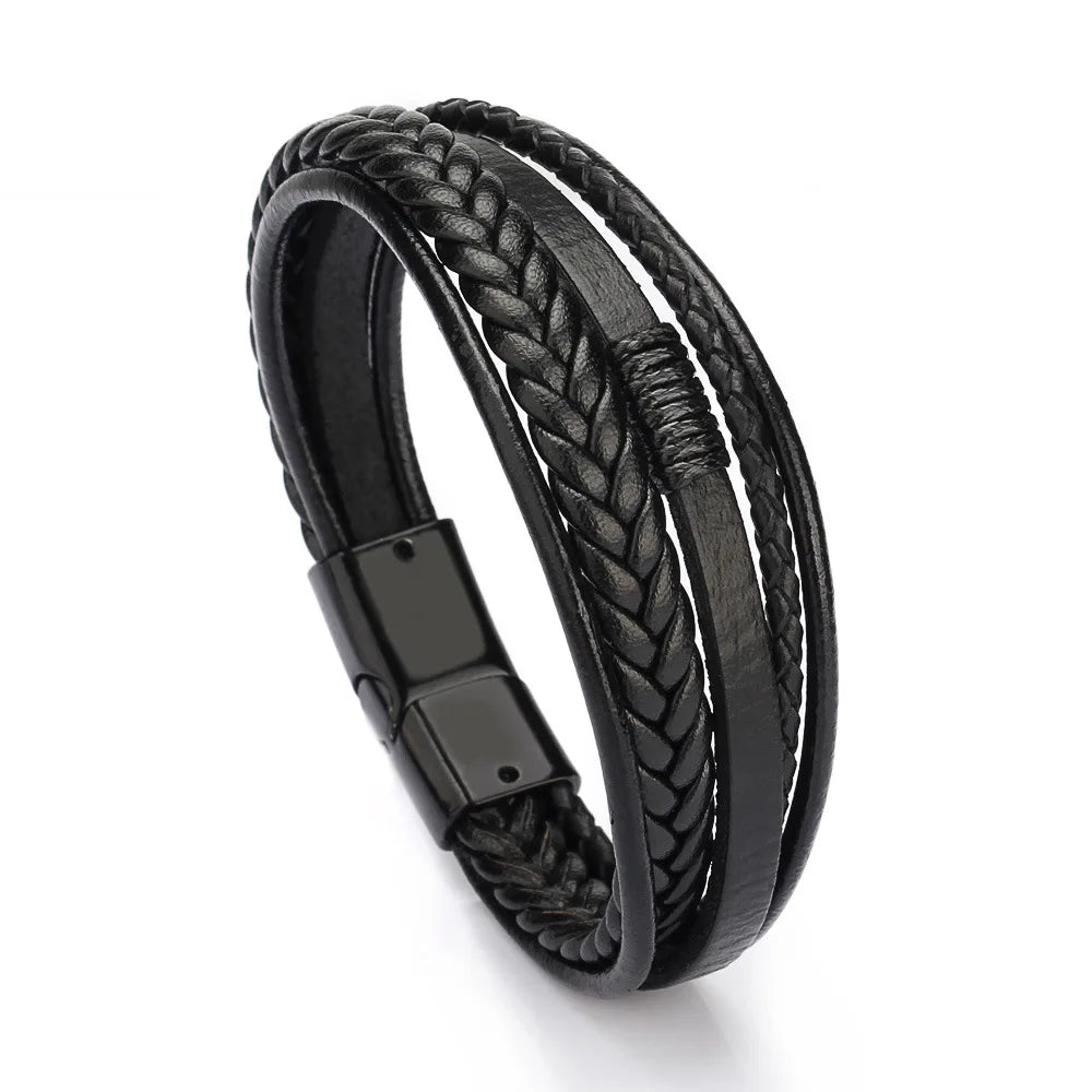 Trendy Leather Bracelets For Men Stainless Steel Bracelet 21CM Multilayer Braided Rope Bracelets for Male Jewelry Gifts - 5