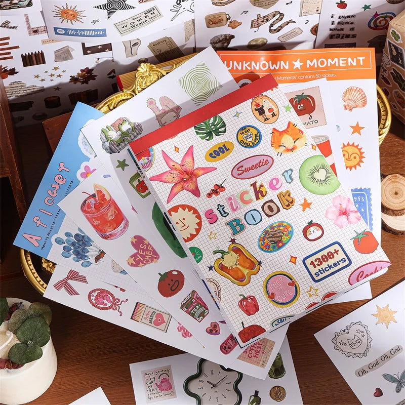 Moment Paper Scrapbooking Sticker Book 50 Different Patterns with Animals Plants Fruits Aesthetic Material for DIY Craft Plan