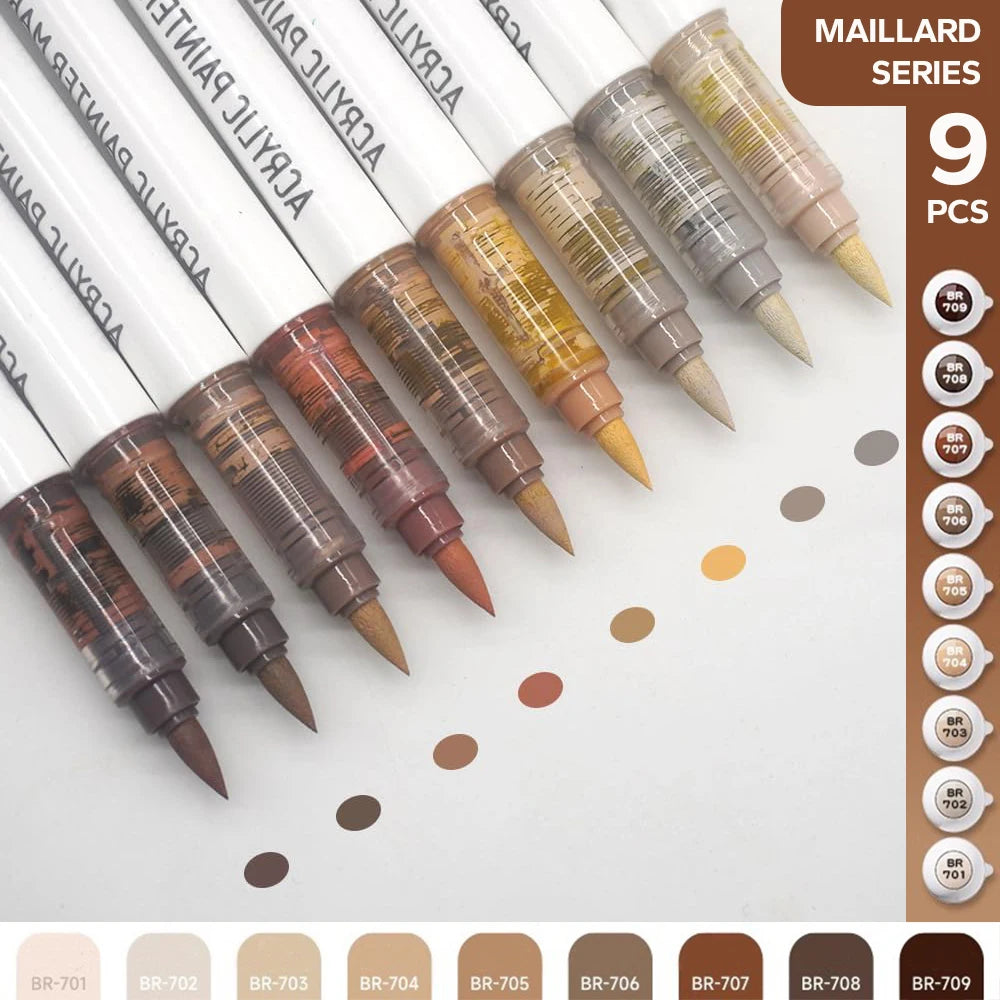 Acrylic Brush Markers Set, Assorted Pro Color Series Automatic Ink Control System Art Markers Set, 9 Count/Set
