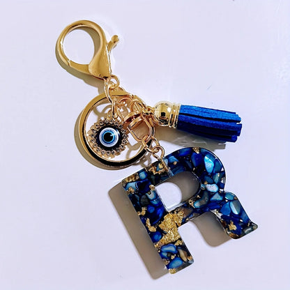 Blue Resin Initial Keychain - Evil Eye Letter Charm with Rhinestones & Tassel, Stylish Gift for Women, Lobster Clasp Accessor