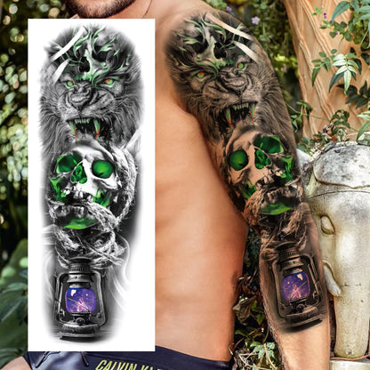 1 Sheets Wolf Lion Tiger Maori Temporary Tattoos For Men Women Adults Full Sleeve Arm Flower Rose Skull Tattoo Sticker Decor 