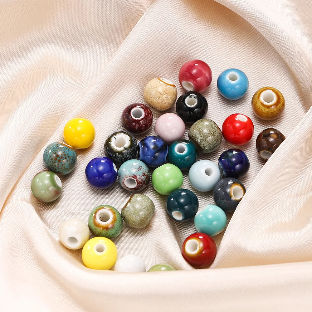 50pcs 6/8/10mm Fashion Ceramic Beads Big Hole Diy Handmade Spacer Loose Round Porcelain Beads for Jewelry Making Accessories