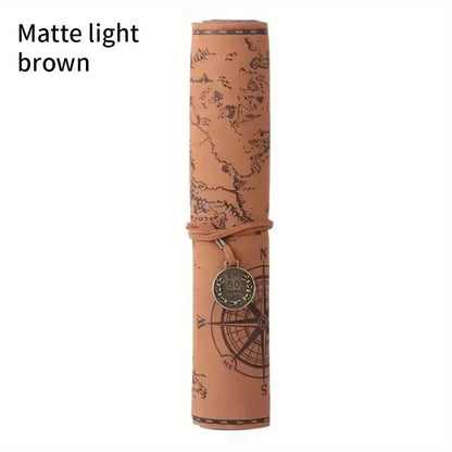 Vintage Treasure Map Roll Pencil Case – Large Capacity Leather Stationery Bag with Embossed Buckle - Matte Light Brown