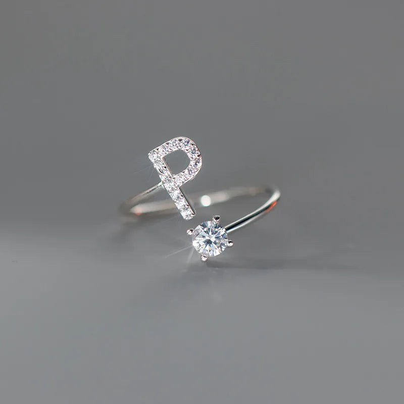 Zircon Initial A-Z Letter Ring For Women Metal Adjustable Opening Ring Name Alphabet Female Wedding Gift Anillos Mujer - P
