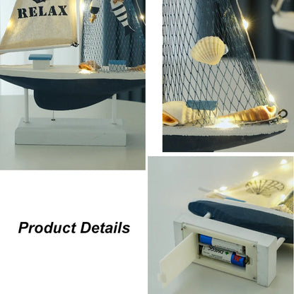 Retro Mediterranean Style Wooden LED Sailing Boat Model Creative Ocean Style Desktop Ornament Crafts Small Boat Home Decor Gi