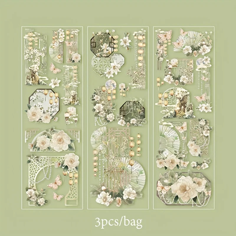 3 Sheets/Bag Of Classical Flower Hot Stamping PET Stickers Chinese Style Creative Diary Notebook Stickers DIY Collage Decorat