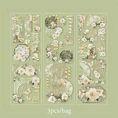 3 Sheets/Bag Of Classical Flower Hot Stamping PET Stickers Chinese Style Creative Diary Notebook Stickers DIY Collage Decorat