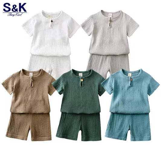 0-7years Summer Children's Clothing Set Boys & Girls Cotton Linen Suits Baby Loungewear Outfit T-shirt Tops + Shorts 2pcs