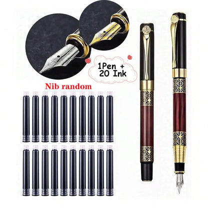 1-100Pcs/Set Retro Metal Fountain Pen Replaceable Ink Elegant Gift for Writing Stationery Office School Supplies - Brown-Blac