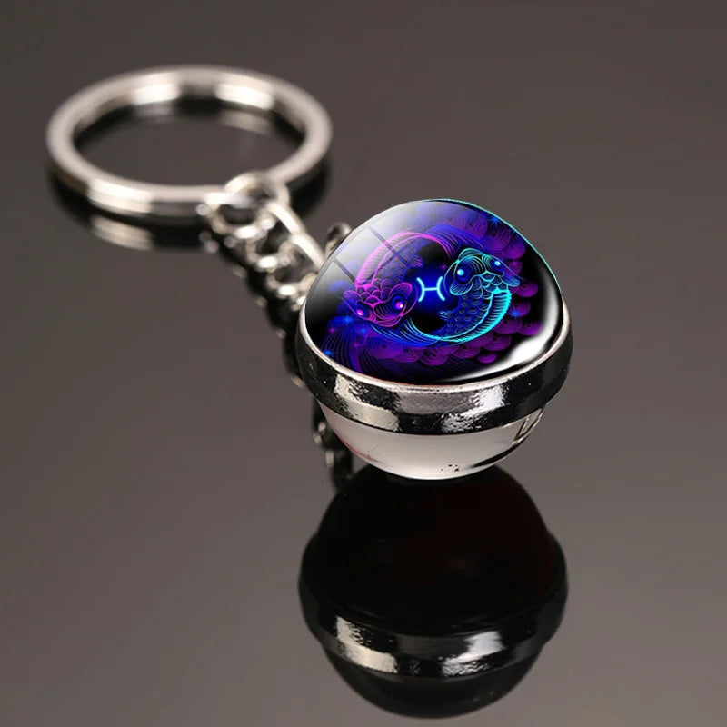 12 Constellation Key Chain Luminous Double Sided Glass Ball Pendant 12 Zodiac Key Chain Fashion Birthday Gift for Men and Wom