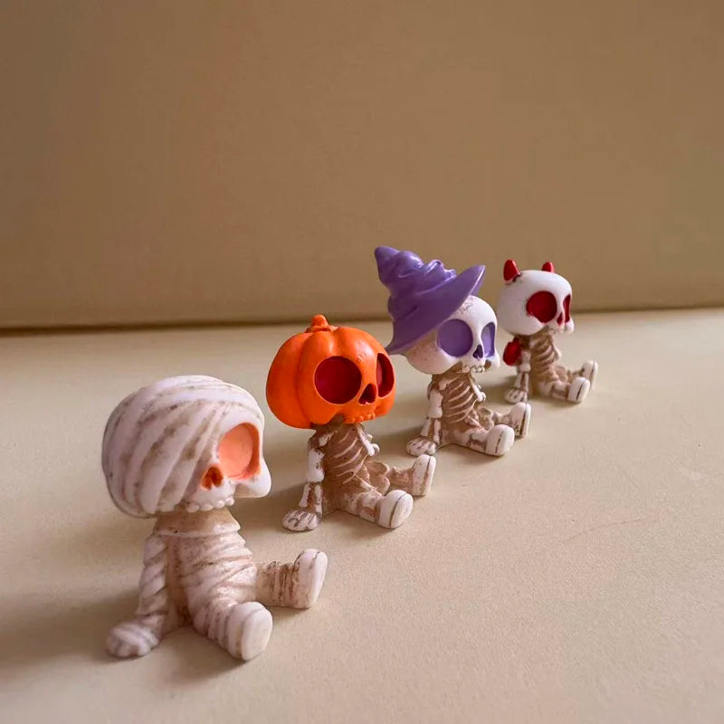 4Pcs Halloween Mini Figurines Set, Spooky Resin Decor with Pumpkins Ghosts Skulls for Party Home Garden Decoration