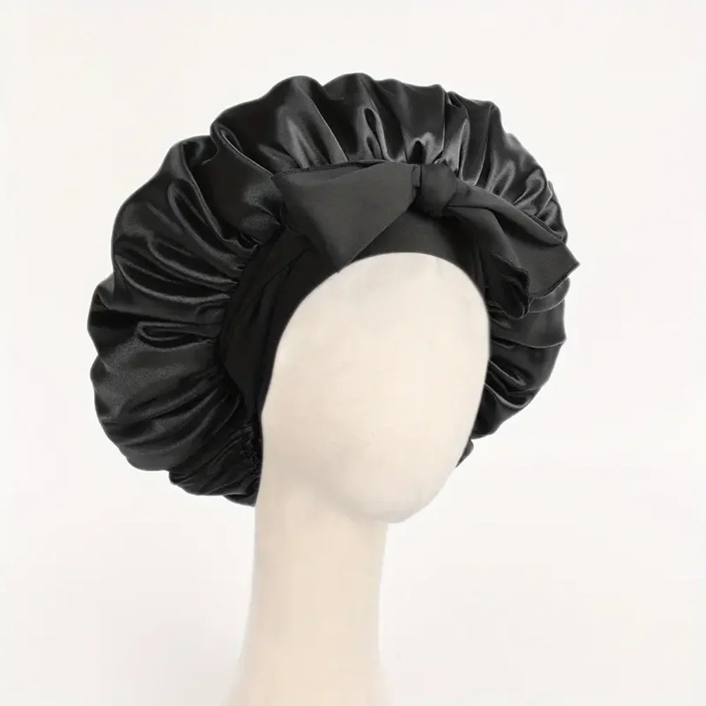 Satin Bonnet Silk Bonnet Adjustable Bonne For Sleeping Hair Bonnet With Tie Band Bonnets For Women Men - BLACK
