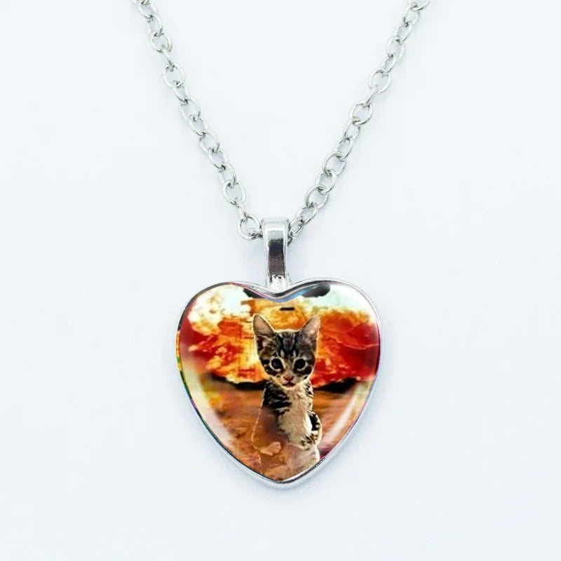 Cute Funny Rainbow Alien Cat Heart Pendant Necklace Animal Shape Art Photo Glass Cabochon Jewelry Children's And Women's - 12
