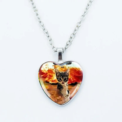 Cute Funny Rainbow Alien Cat Heart Pendant Necklace Animal Shape Art Photo Glass Cabochon Jewelry Children's And Women's