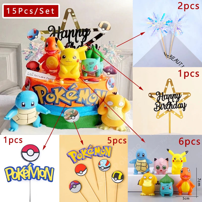 15Pcs/set Pokemon Cake Topper Pikachu Anime Figure Party Happy Birthday Pokemon Cake Decoration Supplies Boy Ornaments Kids G