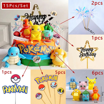 15Pcs/set Pokemon Cake Topper Pikachu Anime Figure Party Happy Birthday Pokemon Cake Decoration Supplies Boy Ornaments Kids G