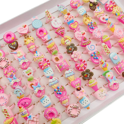 30/100pcs/Lot Wholesale New Cute Kids Finger Rings Party Pink Candy Ice Cream Donuts Cake Child Jewelry Open Adjust Gifts Gir